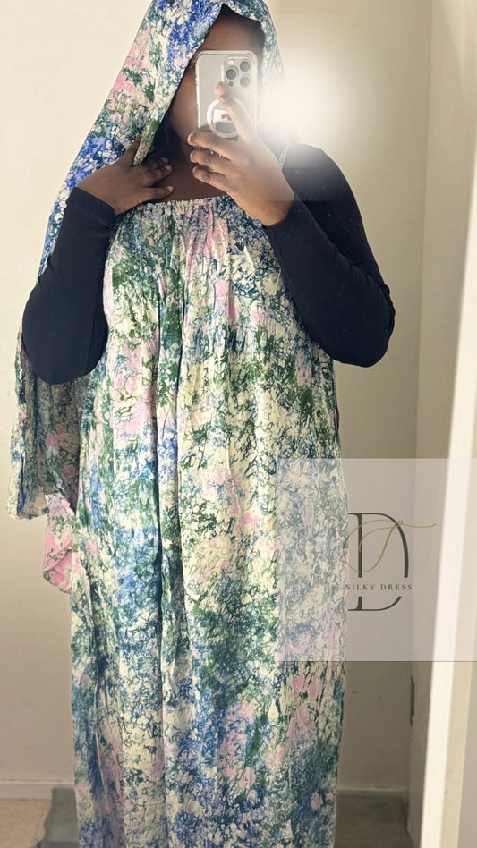 Robe Maxi Foulard Galaxie Bleue-Vert-Rose pâle